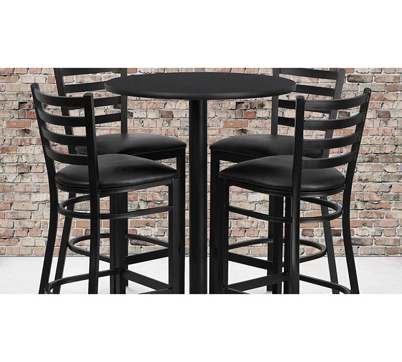 Walnut Laminate Round Pub Table Set with Burgundy Vinyl Bar Stools