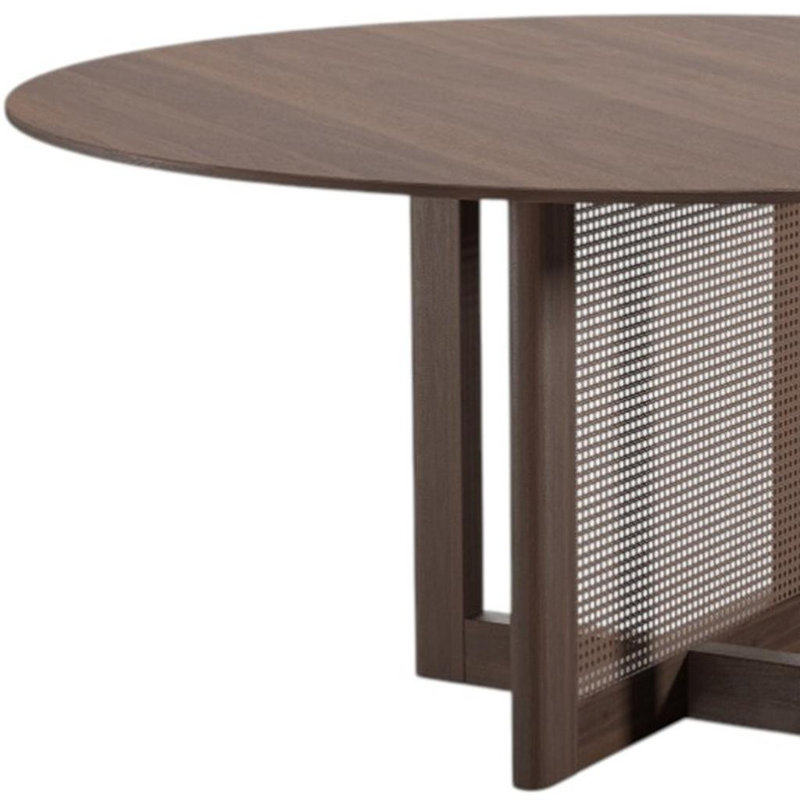 60" Brown Solid Wood and Rattan Cross Leg Base Round Top Dining Table, 30"H x 60"L x 60"W, Brown