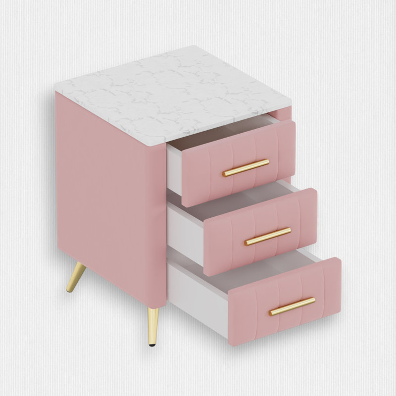 Velvet Upholstered 3 Drawers Wooden Nightstand, Marbling Stickers Worktop, Metal Legs&Handles, Pink