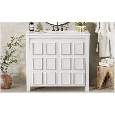 Meuble-lavabo blanc antique de 36 pouces avec lavabo en céramique et armoire de rangement spacieuse, parfait pour les salles de bain élégantes et fonctionnelles
