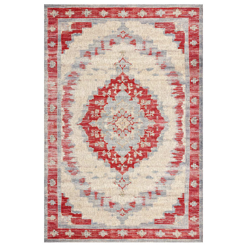 Marisol Burgundy Beige Gray Oriental Machine Printed Cotton Polyester Area Rug, Runner 3'4" x 7'3"