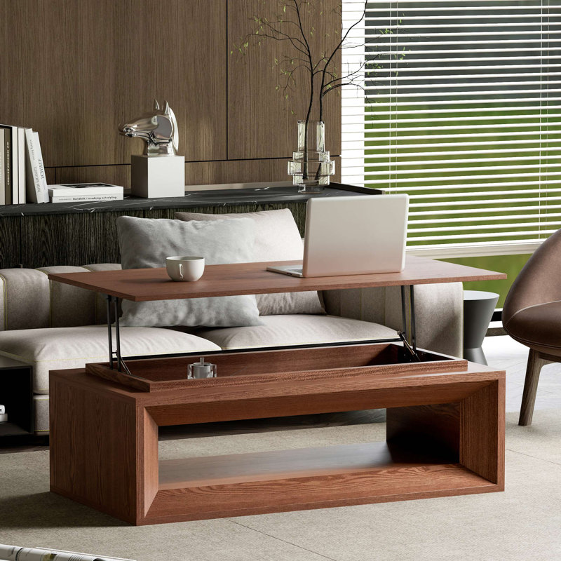 Table basse 43,3 po à plateau relevable moderne en placage de bois massif, Walnut