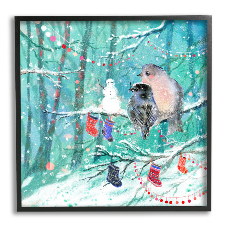 «Birds with Winter Stockings» par Verbrugge, reproduction sur toile, 24 x 24, Giclée encadrée noir minuit