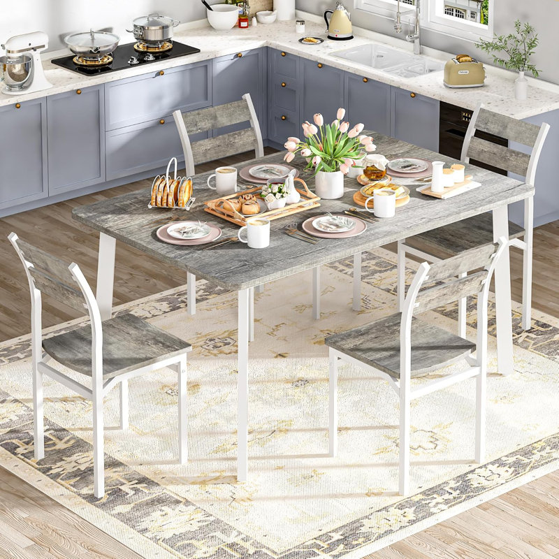 5-Piece Kitchen Table Chairs Set, Dining Table Set For 4, Rectangle Dining Room Table Set With Four Chairs And Wooden Table Top, Dining Table Set With Backrest For Small Spaces, Dining Or Living Room