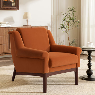  Modern Accent Chair with Flared Arms, Upholstered Velvet Armchair Solid Wood Legs Reading Chair, Orange