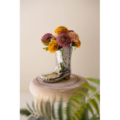  Ceramic and Mosaic Mirror Boot Vase – 7" Tall Western-Inspired Pot Set of 2