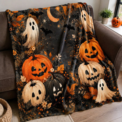 Couverture douillette sur le thème d'Halloween, motif fantôme et citrouille, douce et moelleuse, idéale pour le canapé, le lit et la décoration intérieure.