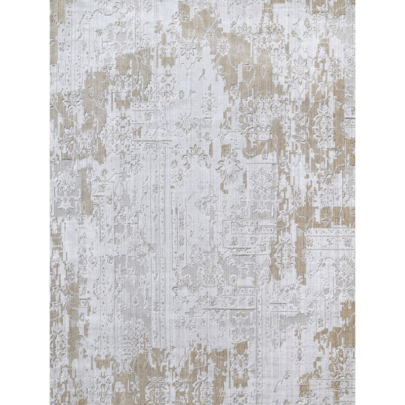 Tapis gris / beige noué à la main de haute qualité, Rectangle de 10 pi x 14 pi