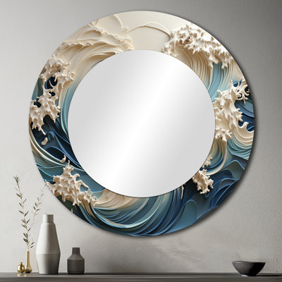 Miroir rond en métal White Wave Papercut Style III - Coastal Waves