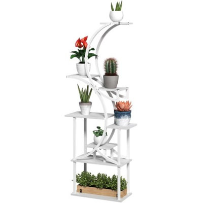White S-Shaped 8-Tier Plant Stand with Fir Wood Shelves, Tall Corner Plant Rack for Indoor Outdoor Multiple Plants, 61.8" H