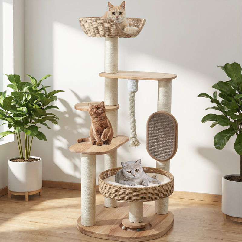 Grand arbre à chat en bois massif, maison de chat à plusieurs niveaux avec lit de chat tissé à la main, planche à gratter en sisal durable et facile à nettoyer.
