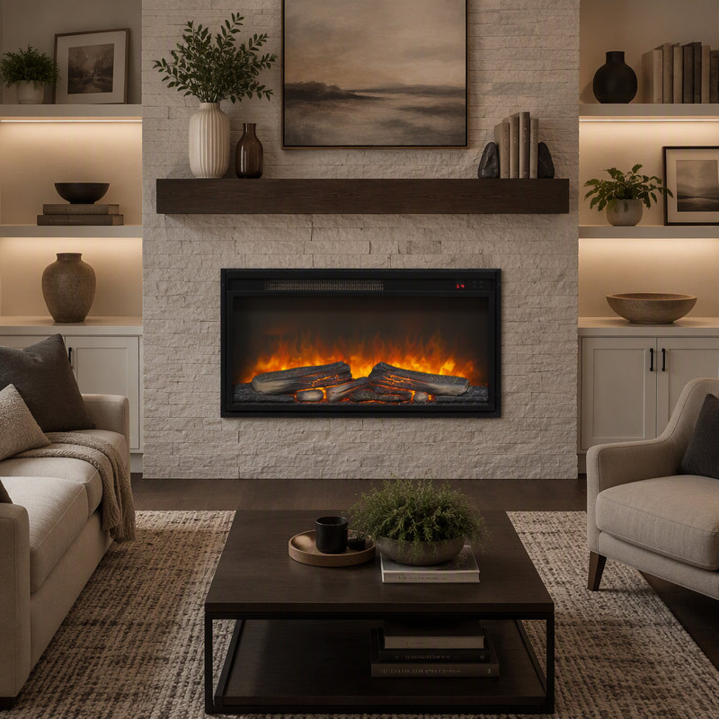 Rebrilliant 27.2 " W Recessed Wall Mounted Electric Fireplace Insert with BTU 5000, 17.4" H x 27.2" W x 4.9" D