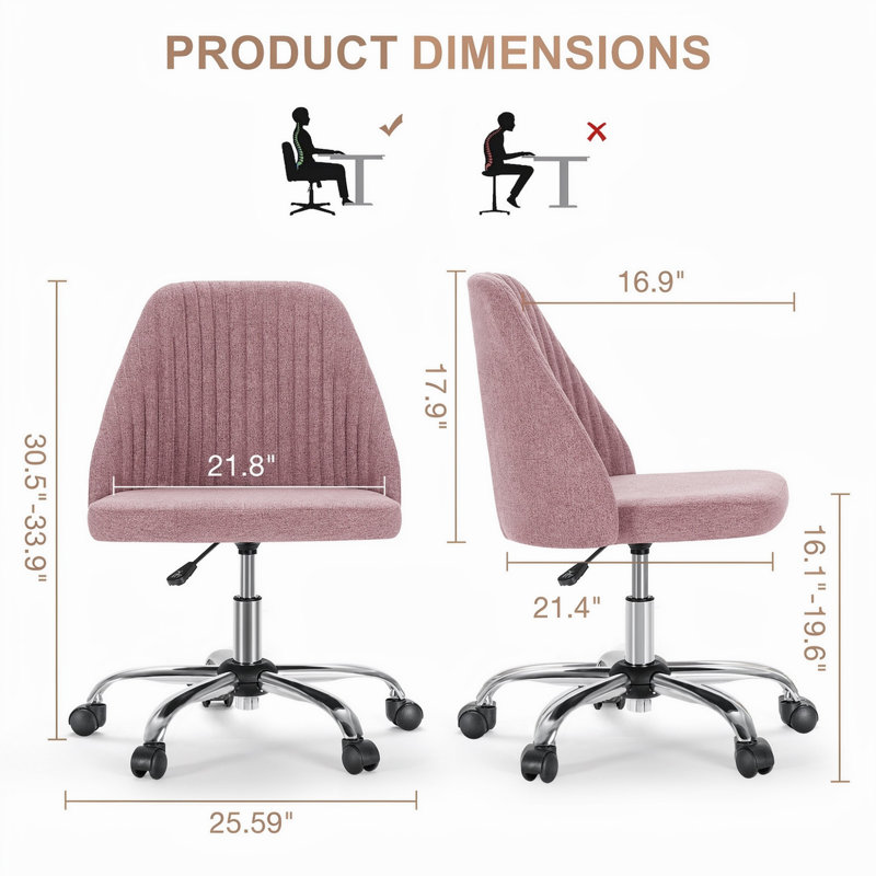 Chaise de bureau pivotante moderne sans accoudoirs en tissu, chaise de travail à hauteur réglable avec roulettes pour petits espaces