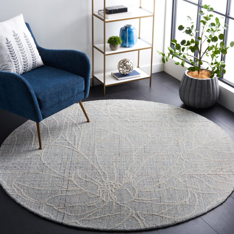 Gullbrand Hand Tufted Wool/Cotton Floral Rug in Ivory/Blue, Round 6'