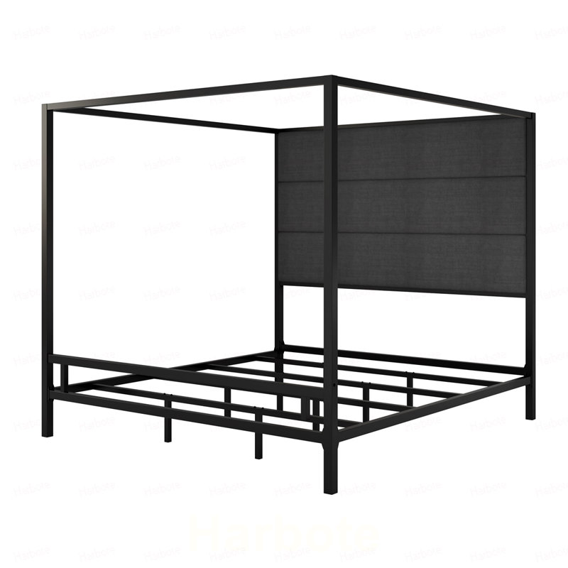 Lit à baldaquin avec tête de lit tapissier en tissu de lin de 76,5 po, Noir