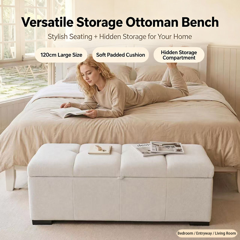 Banc coffre 120 x 45 x 41 cm, en lin beige, avec rangement dissimulé et poignée intégrée, Beige, Beige