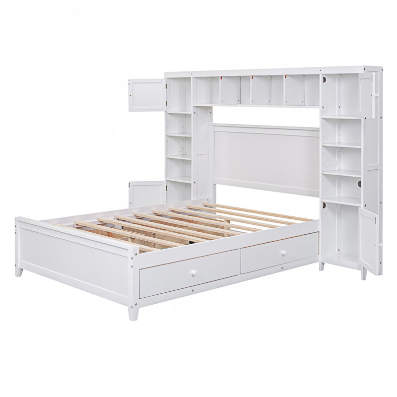 Lit double avec armoire et tablette tout-en-un, Blanc