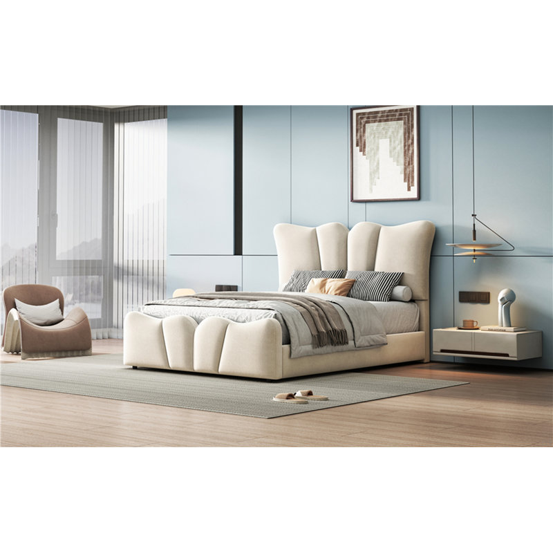 Lit plateforme tapissier en velours, Beige, Lit simple