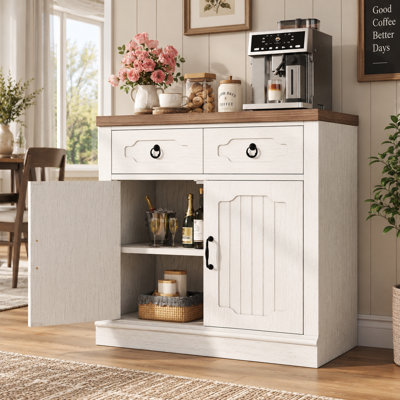 Armoire de rangement avec portes et tablettes, armoire de cuisine de ferme avec 2 tiroirs et tablette réglable, armoire à café avec buffet pour salle à manger, salle de bain, entrée, blanc