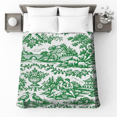 Green Scenic Toile Quilted Bedspread All Sizes