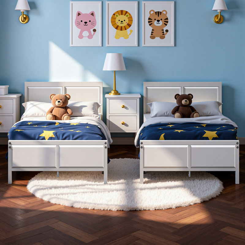 Cadre de lit simple 2 pièces Sandreka, cadre de lit plateforme rustique en métal 2 pièces avec tête de lit en bois, sommier à lattes en métal robuste, aucun sommier requis
