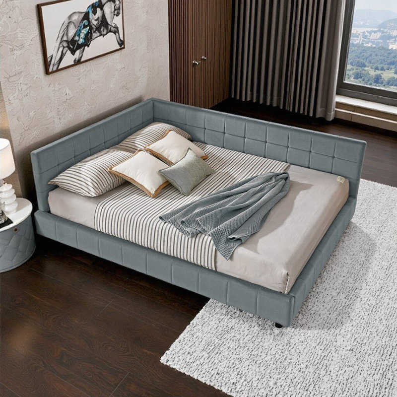 Grand canapé-lit en velours capitonné style Mid-Century avec dossier et accoudoirs, sans sommier, chambre ou salon, gris (85,5 po x 64,5 po x 30,5 po)