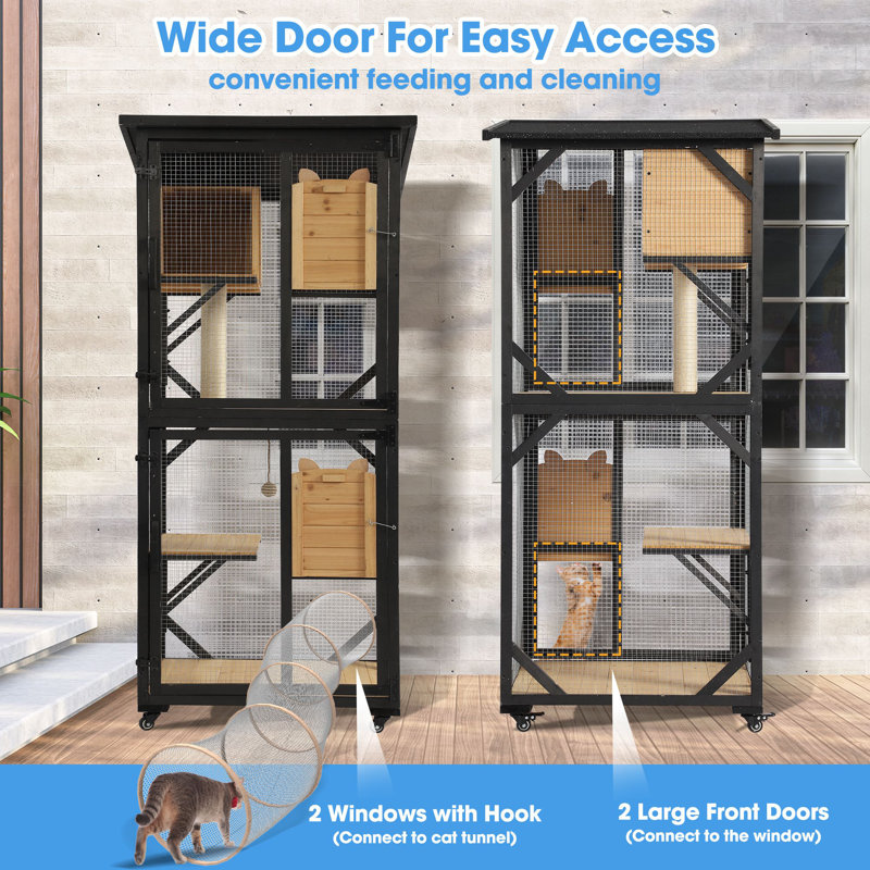 Black and Natural 4-Tier Outdoor Wooden Cat House with Wheels