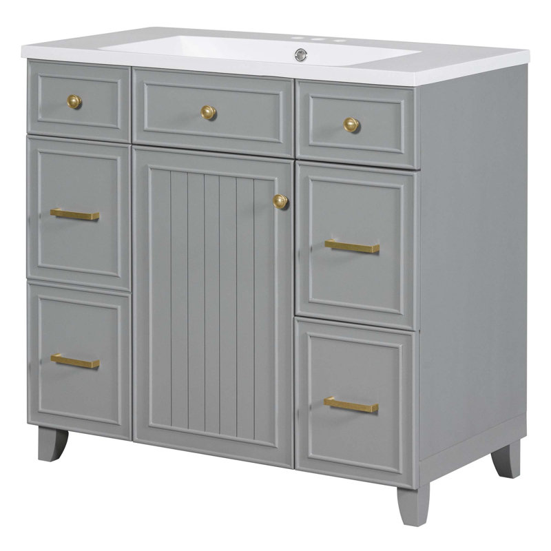 Meuble-lavabo de salle de bain avec comptoir de lavabo, porte à fermeture douce et 3 tiroirs, Gris, Or
