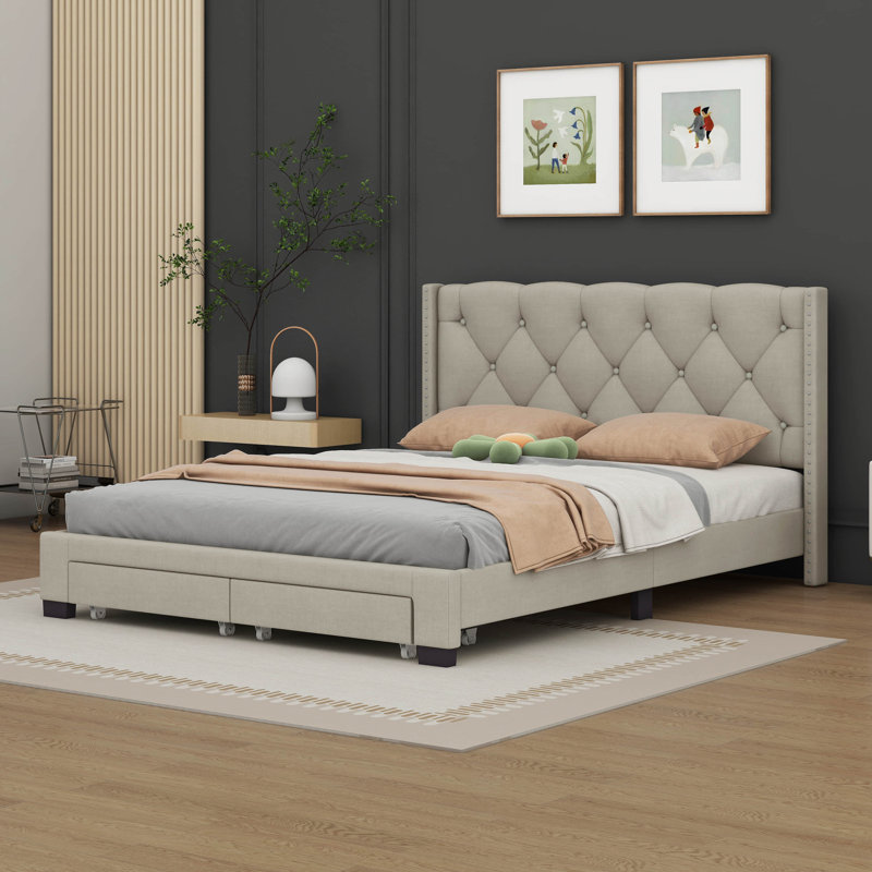 Lit plateforme tapissier Blasford, Beige