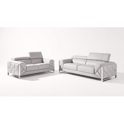 Ensemble de canapé et causeuse en cuir véritable gris clair 2 pièces avec appuis-tête réglables