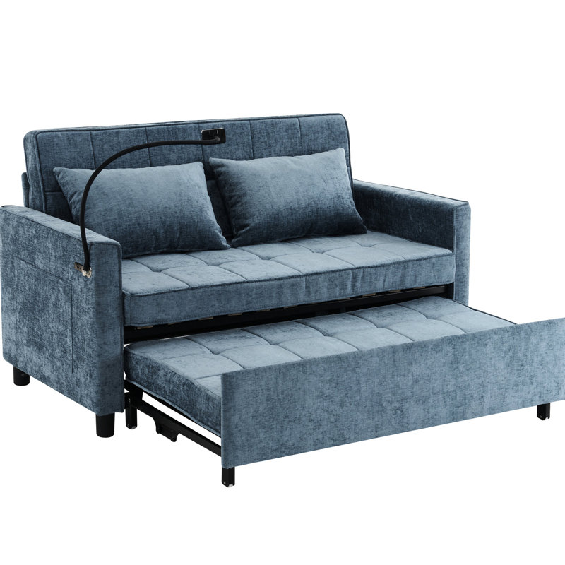 Canapé-lit de 56,9 po avec coussin réglable, chargeurs et poches latérales, 2 ports réversibles bleus, poches pratiques pour porte-téléphone