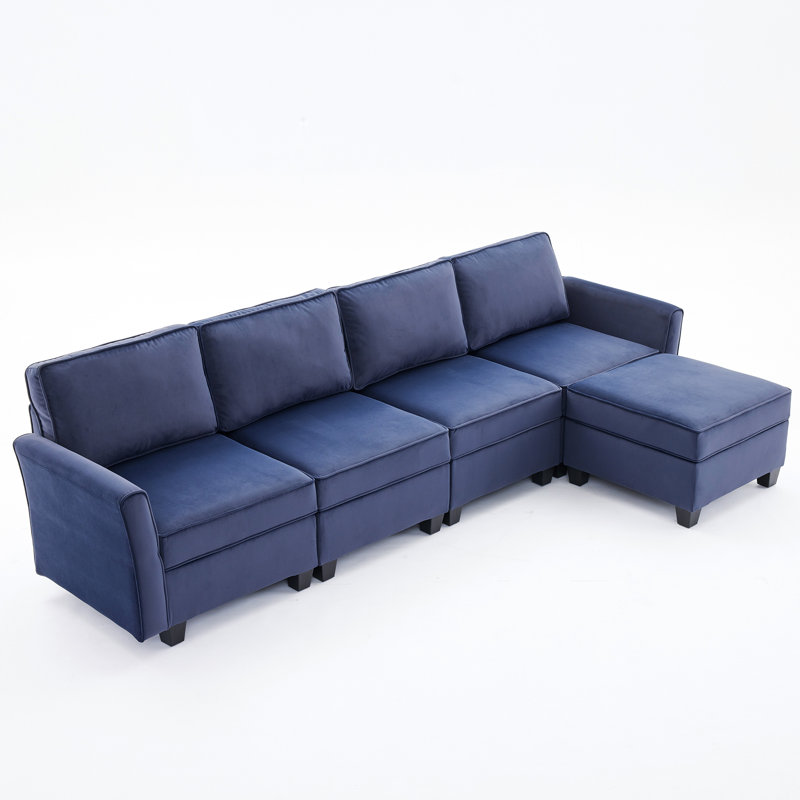 Viviette 5 - Piece Velvet Upholstered Sectional Sofa with Storage Space and Adjustable Arm and Back, Blue Velvet