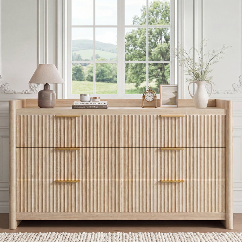 Commode de chambre à coucher à cannelures modernes de 55,1 po de largeur à 55 tiroirs, commode en bois de chêne naturel avec poignées en métal