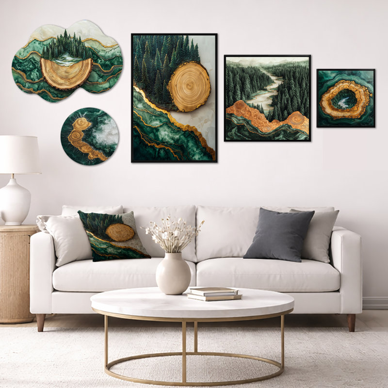 «Bold Forest Landscape Path of the Emerald River II», ensemble de 5 décorations murales en métal et toile encadrée (100 po x 40 po)