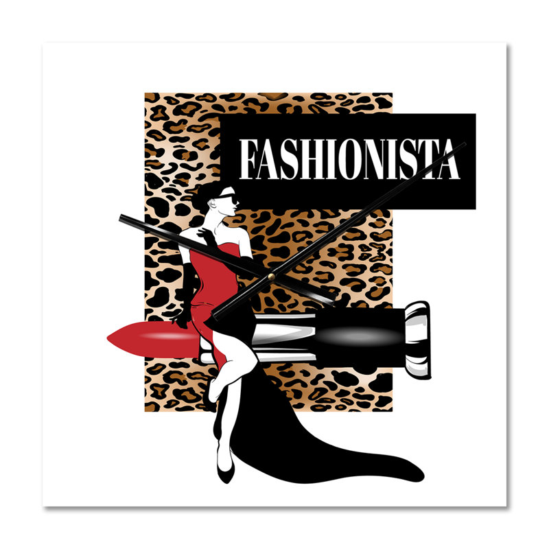 Illustration de Fashionista d'une femme habillée en rouge sur un motif léopard - Horloge murale moderne, Très grand