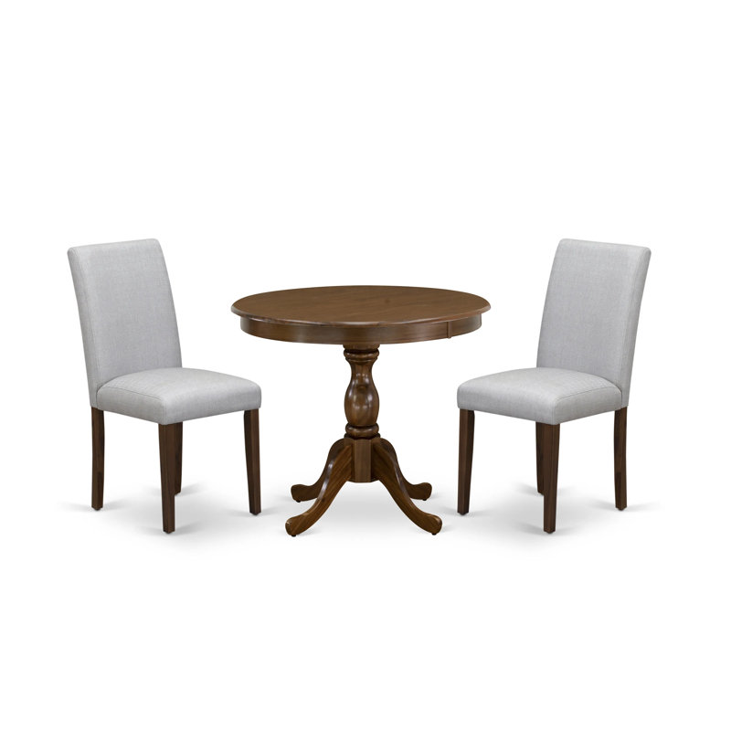 3 Piece Kitchen Table Set for Small Spaces Contains a Round Dining Room Table with Pedestal and 2 Grey Linen Fabric Parsons Chairs, Antique Walnut