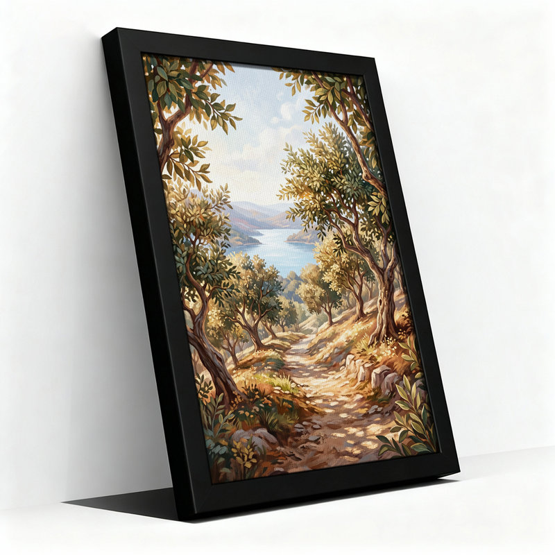 Art mural sur toile Sunlit Path Through Trees to Blue Lake, H 36 po x l 24 po
