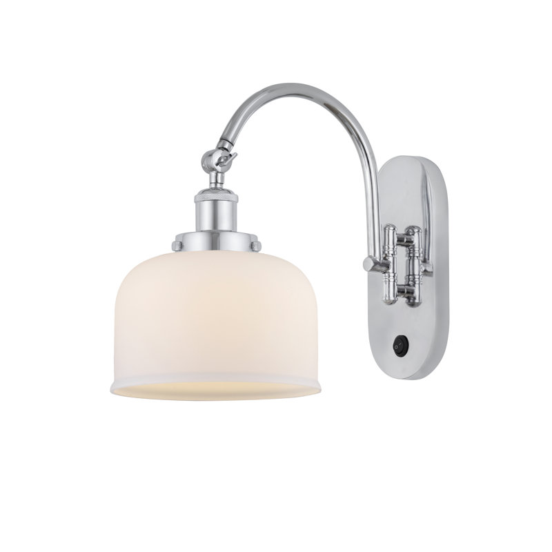 Applique murale articulée en métal 1 lumière avec abat-jour cloche en verre Shauna, Blanc mat, Incandescente, Chrome poli