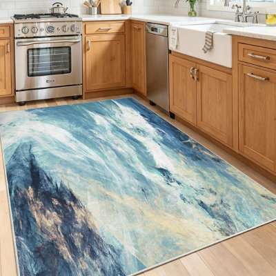 Blue Machine Washable,Abstract Color Smoke with Futuristic Indoor Area Rug