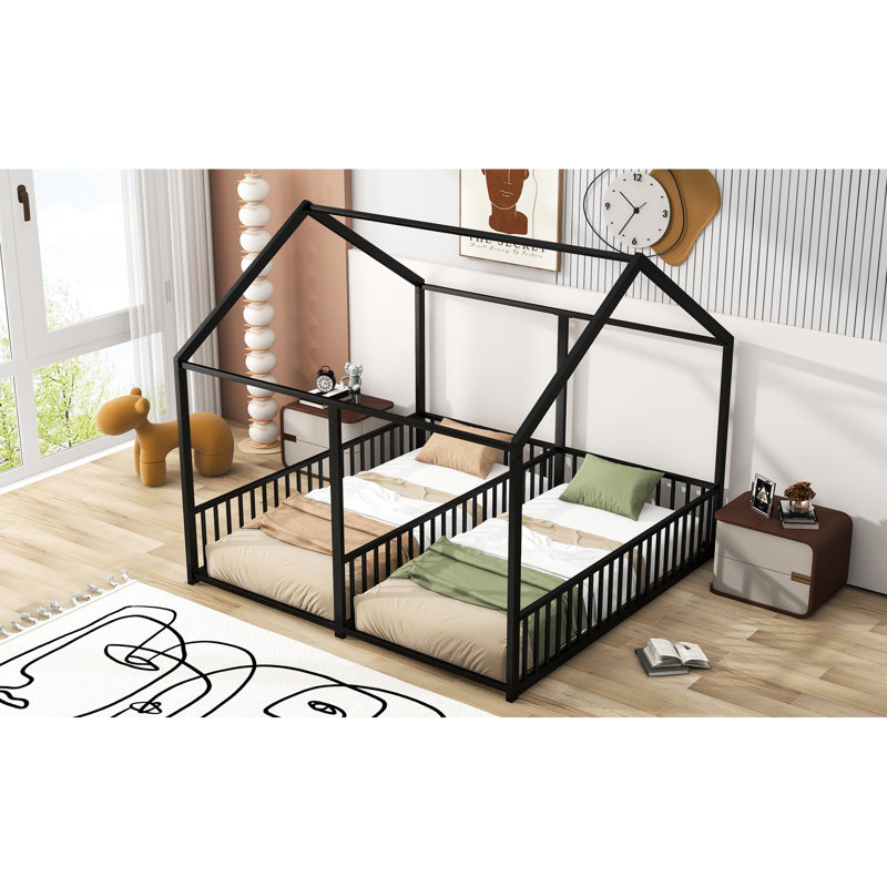 21 lits simples en métal, plateforme noire et coffre-fort, Noir