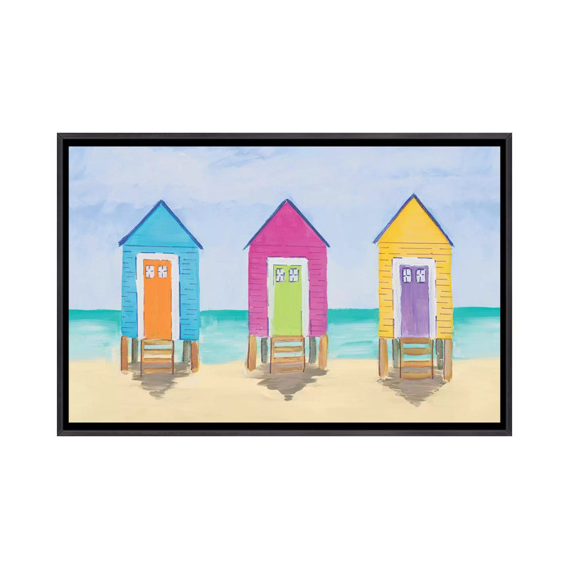 «Beach Shacks» par Julie Derice - reproduction d'art, Pas de tapis, H 26 po x l 18 po x 1,5 po, Toile avec cadre noir patiné