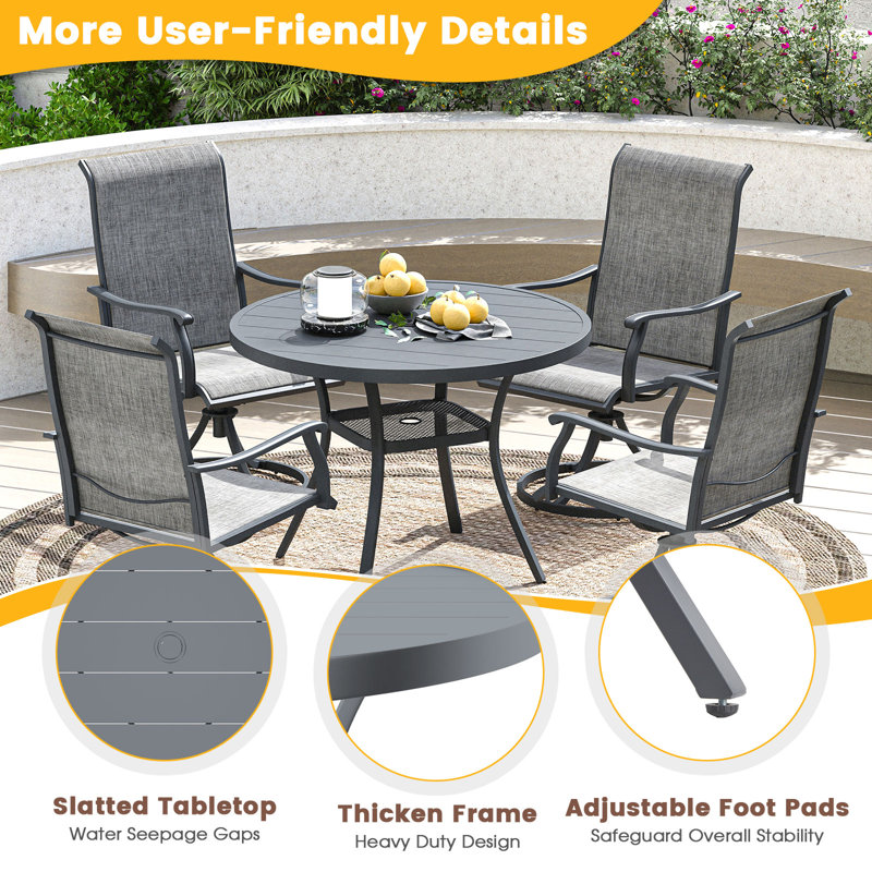 Teressa Round Metal Outdoor Dining Table With Umbrella Hole , 53'' in. W 53'' in. D, Gray/Black, 28''H x 47.2''W x 47.2''L