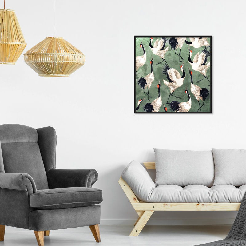 «Animals Grazing Cranes Birds», impression sur toile, H 20 po x l 20 po, Toile encadrée, Noir
