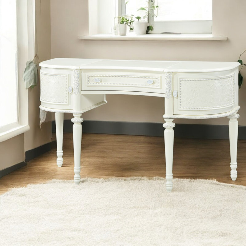Ivory Pine Wood Vanity Desk with Mirror and Floral Trim