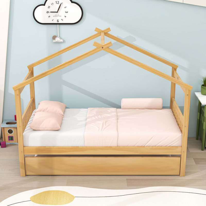 Lit en bois en forme de maison avec toit suspendu et lit gigogne simple, Naturel, Simple