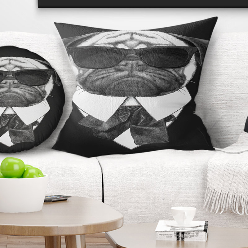 Drôle de chien avec des lunettes noires - coussin imprimé animal, 16 po x 1 po, Coussin décoratif