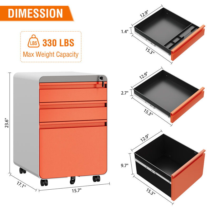 3 Drawer File Cabinet, Metal Filing Cabinets with Lock Wheels, Anti-tilt Under Desk Design (No Assembly Required)