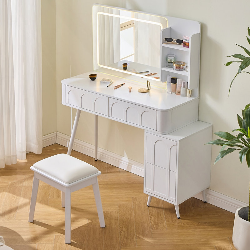 Meuble-lavabo moderne avec miroir à lumières DEL et tabouret, Blanc