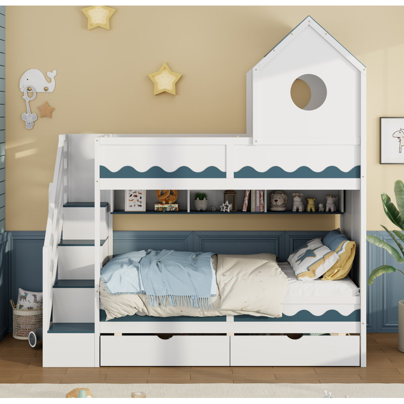 Lit superposé simple au-dessus de simple avec toit en forme de maison et escalier de rangement, cadre de lit en bois avec 2 tiroirs sous le lit, tablettes, DEL, blanc