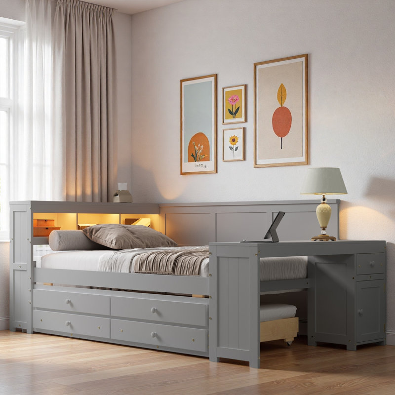 Modern Daybed With Storage Shelves, Drawers, Trundle, Charging Station, Led Light, Desk And Cabinet, Gray